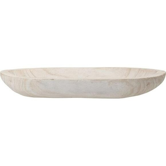 Whitewashed carved wood bowl decorative rustic tray farmhouse centerpiece decor - Picture 7 of 7